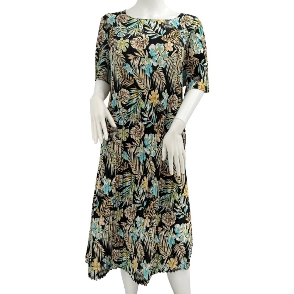 KINDRED 3X Midi Dress Tropical Floral Crinkle Short Sleeve Lightweight Boho